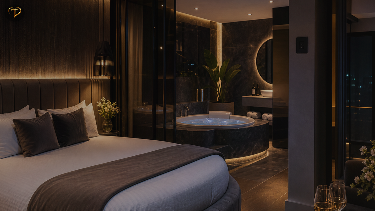 Habitación elegante que resume servicios, privacidad y confort